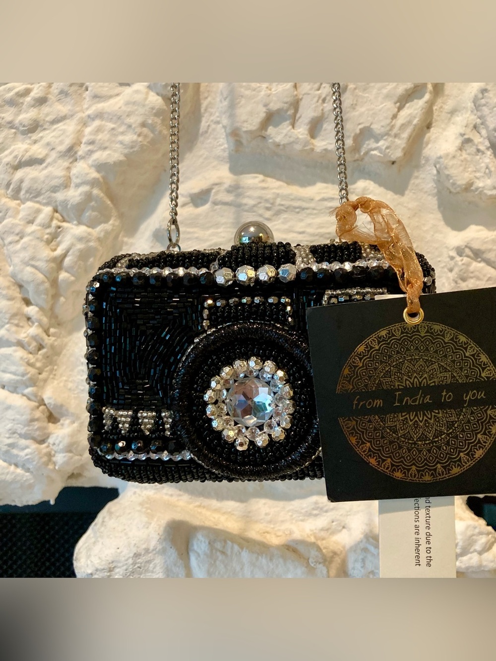 NWT TikTok Beaded Black Camera-Shaped Crossbody Bag with Crystal Accent